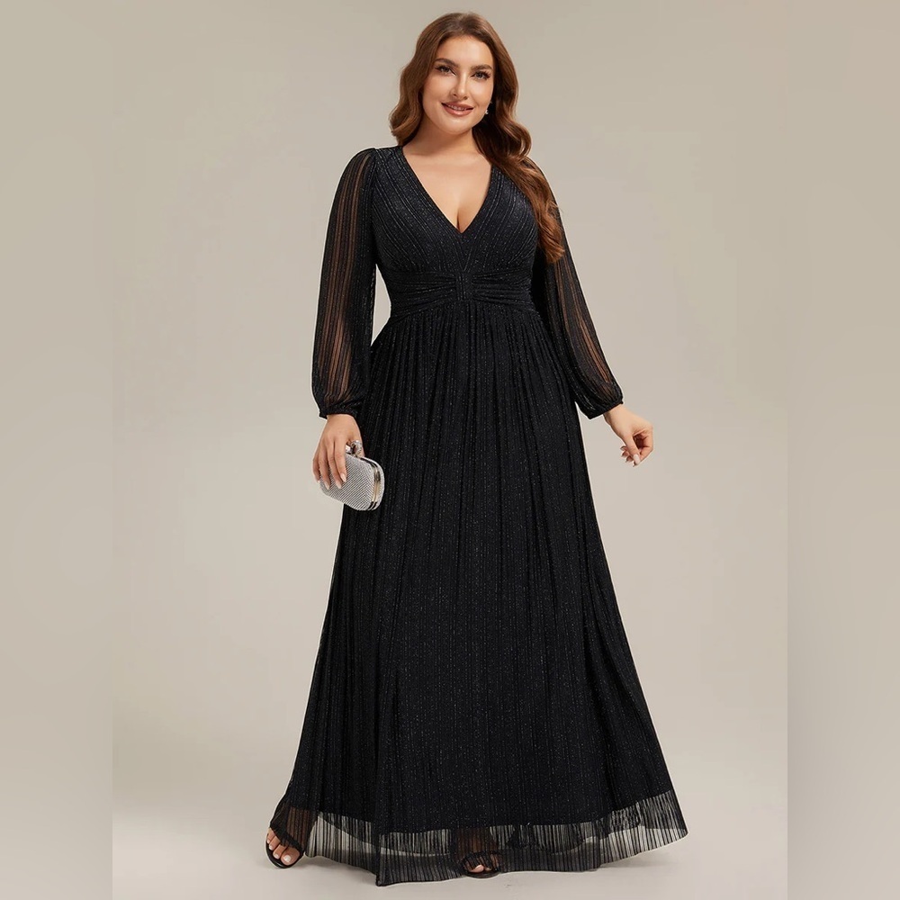🆕 Plus Size Dazzling Empire Waist See-Through Long Sleeves A-Line Evening Dress